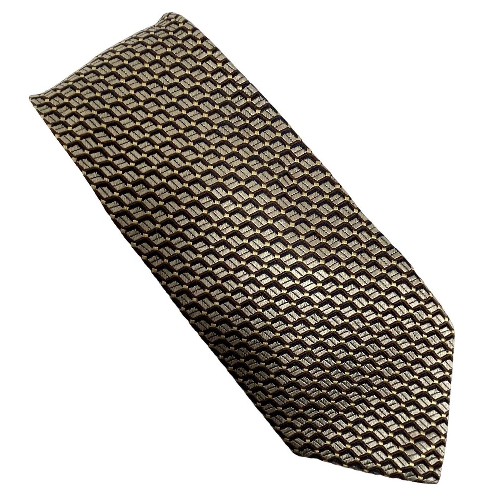 Ermenegildo Zegna Men's Necktie Tie 3.5" Silk Brown Gold Batik Geometric